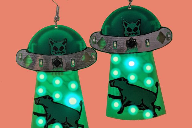 Green Cat Alien Cow UFO Earrings | flying saucer